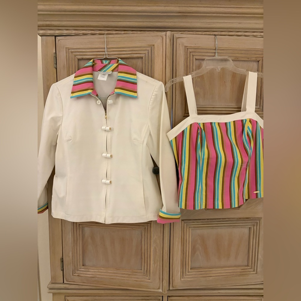 St. John Sport by Marie Gray White Jacket and Striped Top Set
